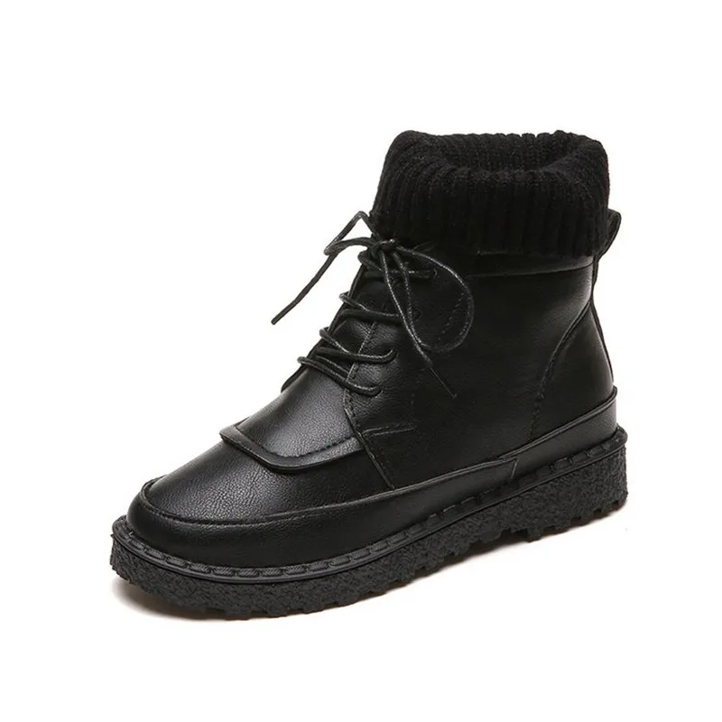COOTELILI Women Boots Ankle Boots 2018 Winter Shoes Lace-Up Knitted Flat Shoes Rubber Boots Women Leather Shoes 3cm Heel  (4)