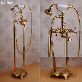 

Bathtub Faucets Luxury Gold Brass Bathroom Shower Faucet Rain Handheld Euro Floor Stand Telephone Bath Shower Mixer Tap HJ-5020