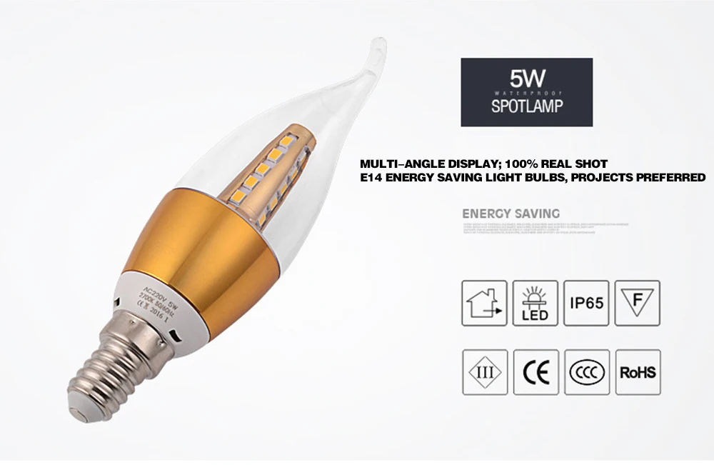 10 шт./лот E14 светодиодный свечки Золотой Алюминий 5 Вт светодиодный свет 96-240 В Светодиодный лампа лампада Bombillas lumiere SMD2835 кристалл лампы