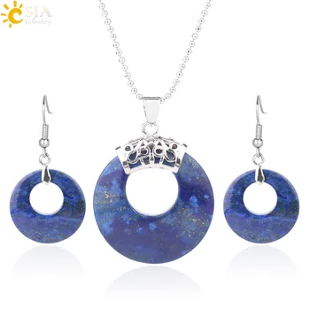 

CSJA Natural Stone Lapis Jewelry Set Round Hollow Bead Pendant Necklace Drop Earring for Women Popular Reiki Jewellery Gift F615