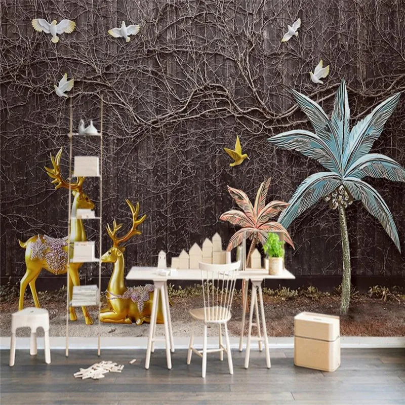 Custom wallpaper modern 3D three-dimensional golden elk landscape background wall painting Custom wallpaper modern 3D three-dimensional golden elk landscape background wall painting