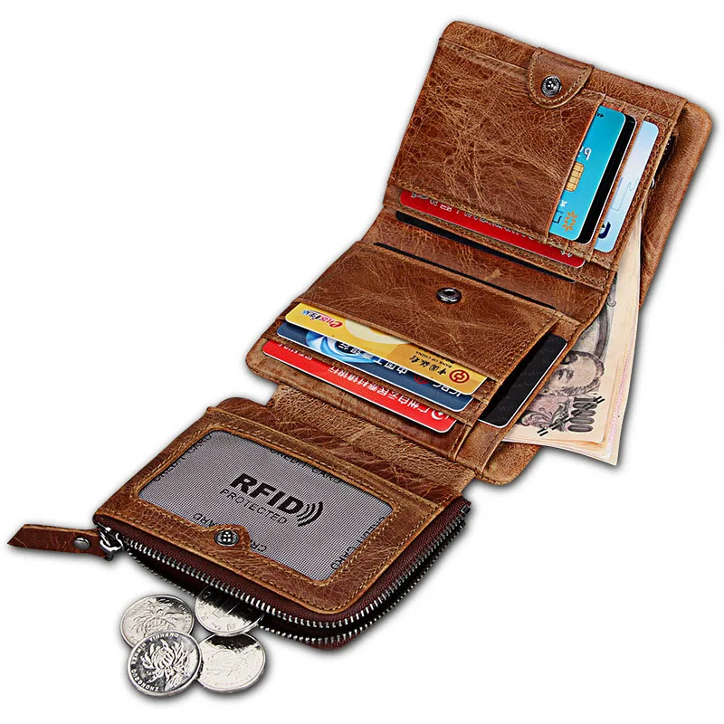 

Luxury Brand Wallet Men Genuine Leather Cow Wallets Mens Trifold Hasp Money Bag Anti RFID Card Holder Zip Coin Pocket Male Purse