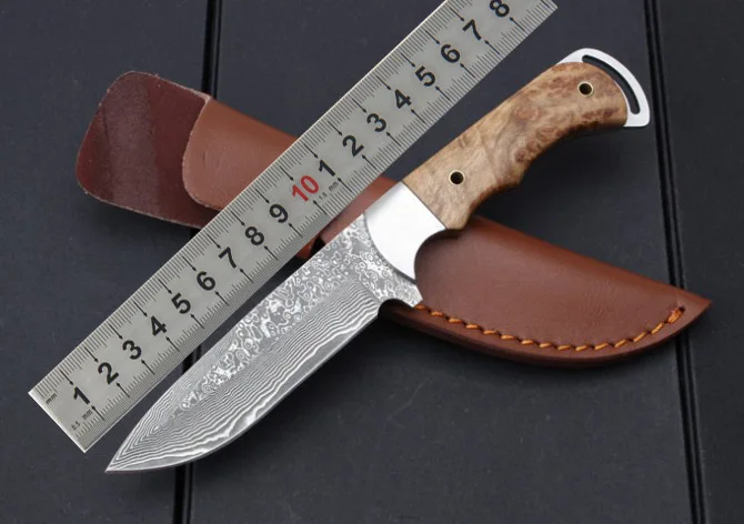 

High Quality Shadow Wood Damascus blade beauitful wood handle fixed knife Tactical Utility leather Sheath Quality+AAAAAA Knife