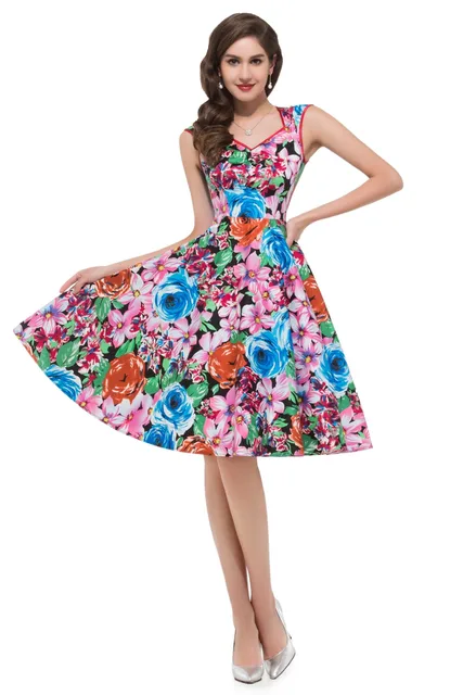 Rockabilly Retro Vintage 60s 70s Women Summer Fashion Dress Square Collar Flower Printed Stretchable Swing A Rockabilly Retro Vintage 60s 70s Women Summer Fashion Dress Square Collar Flower Printed Stretchable Swing A
