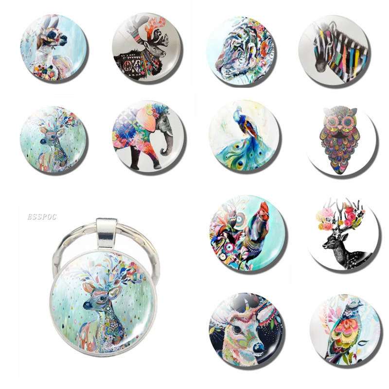 

Animal Colorful Painted Key Chain Glass Cabochon Jewelry Deer Tiger Owl Pendant Key Ring Car Keychain Men Women Fashion Gifts