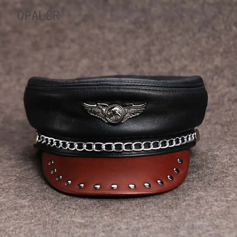 

QPALCR Women Men Military Hats Genuine Leather Patchwork Police Hat Cap Uniform Temptation Germany General Hat Retro Newsboy Cap