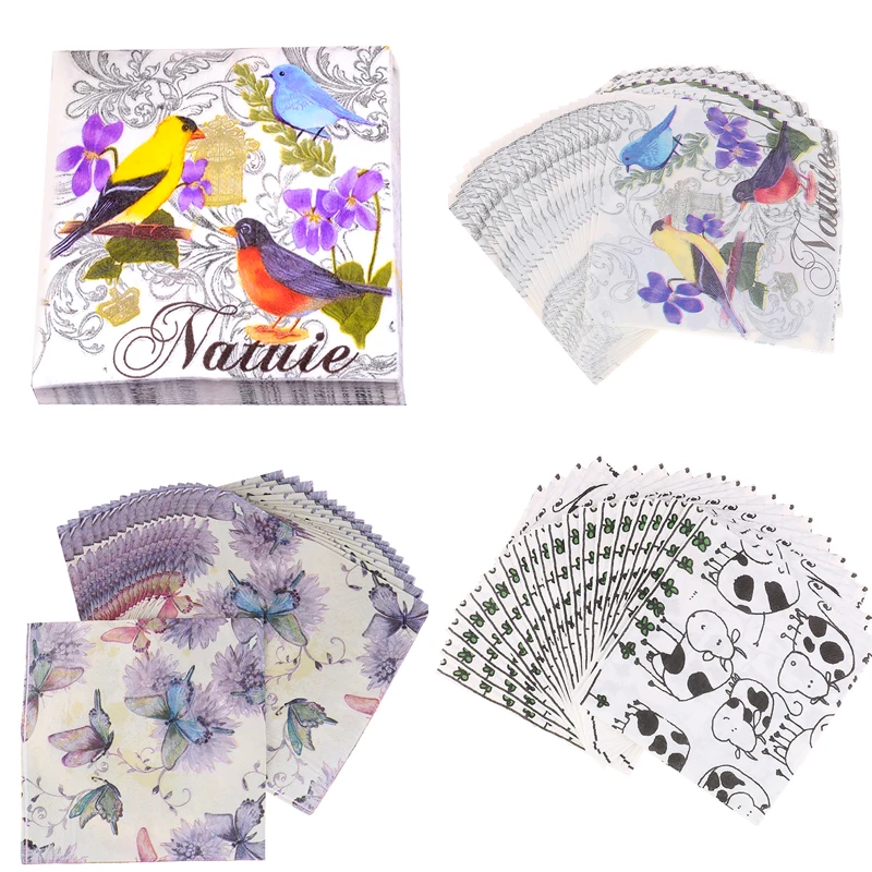 

33cm*33cmt 20pcs/set Soft Decoupage Butterfly Cow Flower And Bird Napkins Decor Festive & Party Paper Tissue Decoration