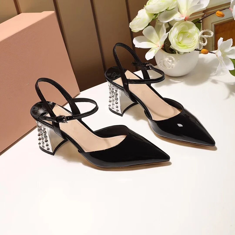 

Hanbaidi Sexy Rhinestone Crystal Patent leather Women Pumps Runway Chunky High Heels Shoes Street Style Party Wedding Shoes 39
