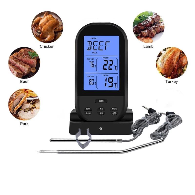 

EAAGD Wireless Remote Dual Probe Meat Thermometer Instant Read Timer Thermometer with LCD Sreen Temperature Probe for BBQ