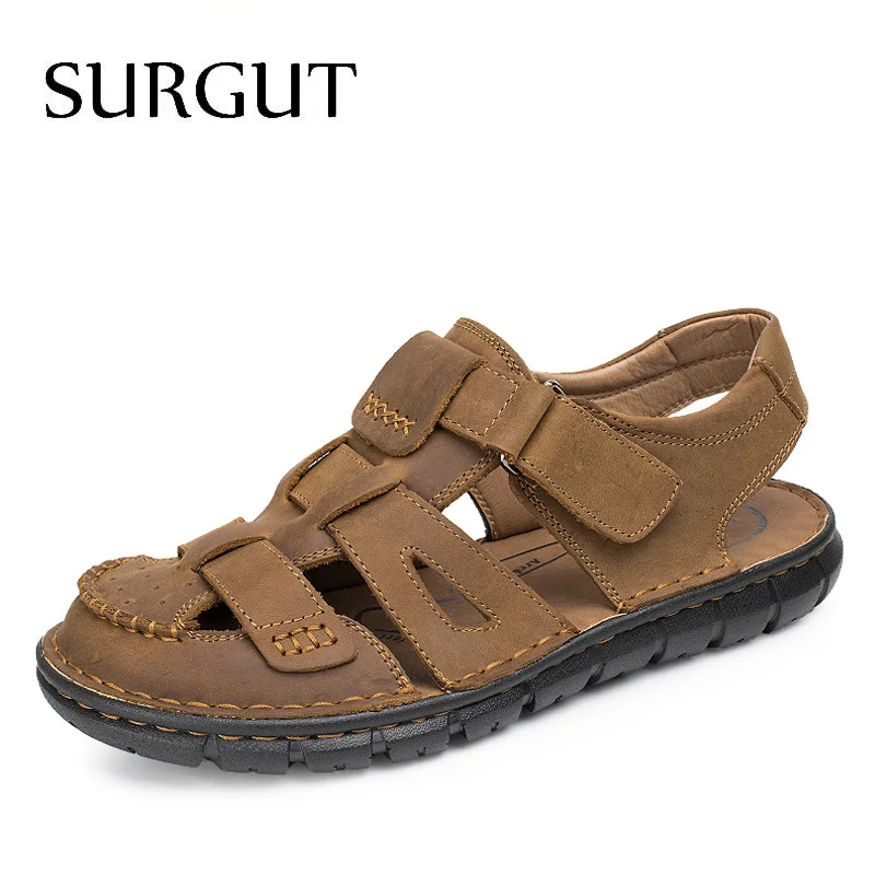 Light Brown Мужские сандалии ручного изготовления SURGUT, светло-коричневые мягкие сандалии из натуральной кожи, сшитая повсденевная пляжная обувь в ретро стиле для лета - Цвет: Light Brown