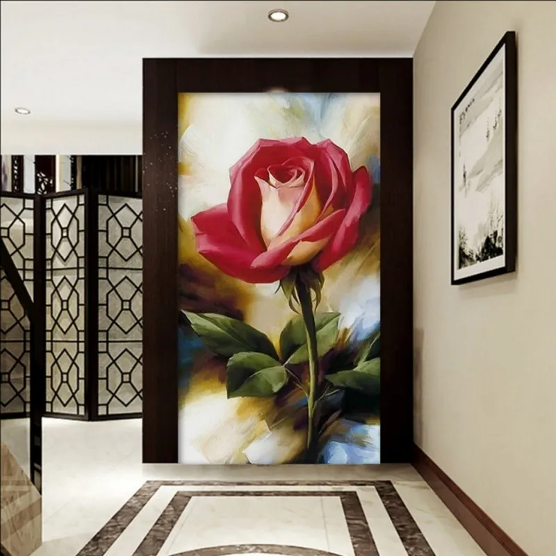 

Custom photo wallpaper Rose oil painting entrance mural restaurant living room hotel custom hallway wallpaper