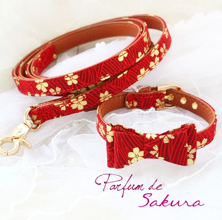 

Free shipping steady clare sakura Japanese kimono style bow dog collar leash cat accessories mascotas collier pour chien collar