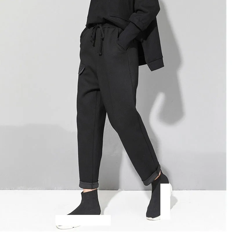 [EAM] Новинка Осень Зима высокая эластичная талия шнурок карман Stitc свободные шаровары женские брюки Мода Tide JO134