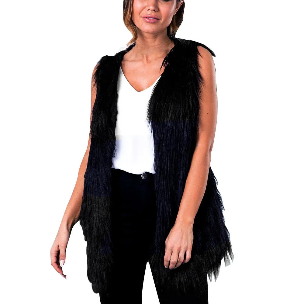 2017 Black Plus Size Fur Vest Coat Luxury Faux Fur Warm Women Coat