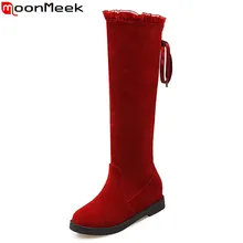 MoonMeek/ г. Осень-зима,, Новое поступление, женские ботинки модные однотонные сапоги до колена из флока на шнуровке простые удобные