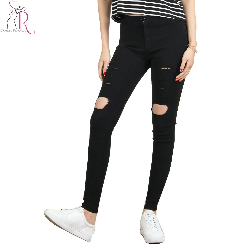 Women Black Skinny Ripped Hole High Waist Jeans Cut Out Pencil Pants