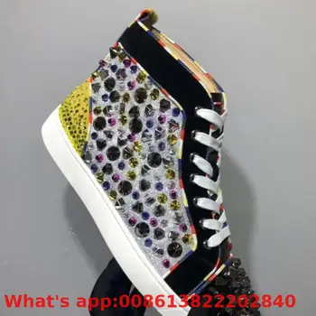 

Lace-up Leather Red Bottoms Remix High-top Sneaker For Men Shoes Multicolored Rivet Casual Couple Models Flat Loafers
