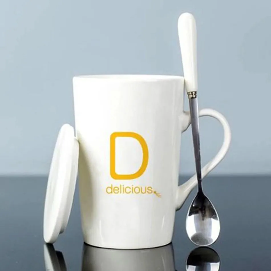 Креативная кофейная чашка с буквенным принтом с крышкой и ложкой пара стакан кружки дорожные чашки и кружки друзья подарок MC070701 - Цвет: White D