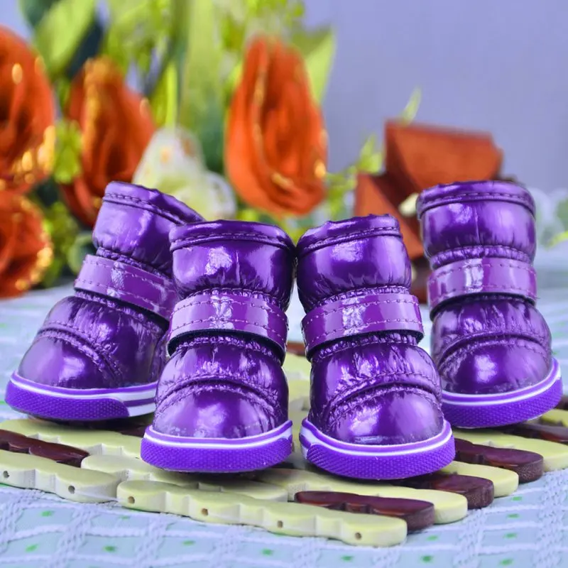4 шт./компл. зимние ботинки для щенка повседневная обувь для собаки питомец Нескользящая водонепроницаемая обувь плюшевая Обувь для собак - Цвет: Фиолетовый