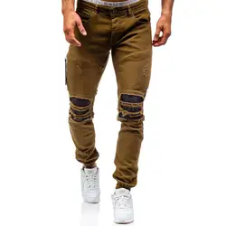 Новый рваные джинсы в стиле кэжуал для мужчин Тонкий прямые байкерские Джинсы High Street личность брюки для девочек мужские джинсовые
