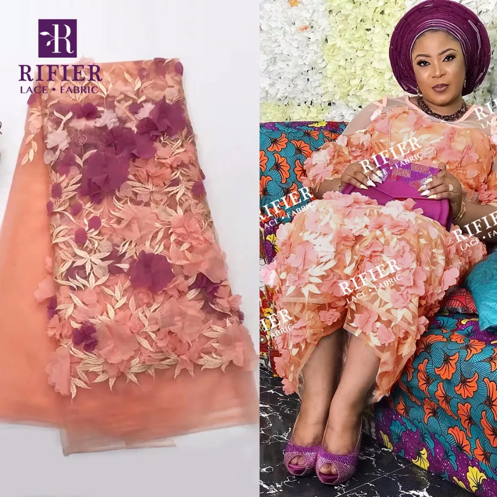 

Peach Color 3D Applique Net Lace Fabric African Nigerian 3D Big Flower Embroidered Guipure Laces For Women Wedding Bride Fabrics