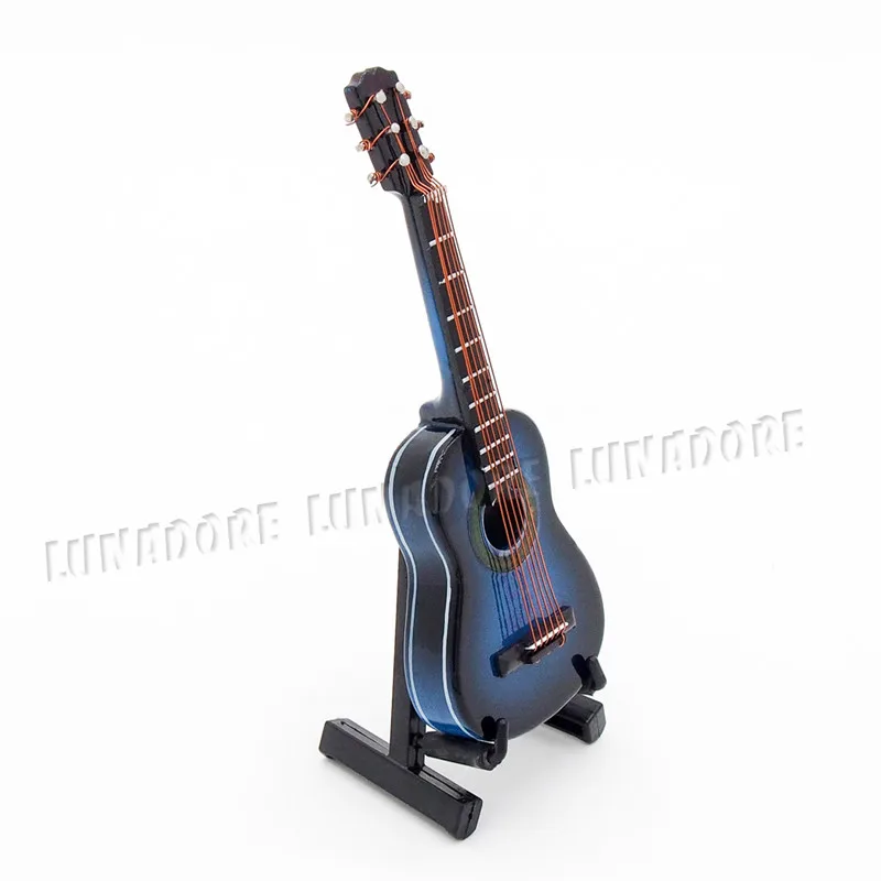 Odoria 1:12 Miniaure синяя акустическая гитара с подставкой и чехол деревянный не играемый музыкальный инструмент кукольный домик