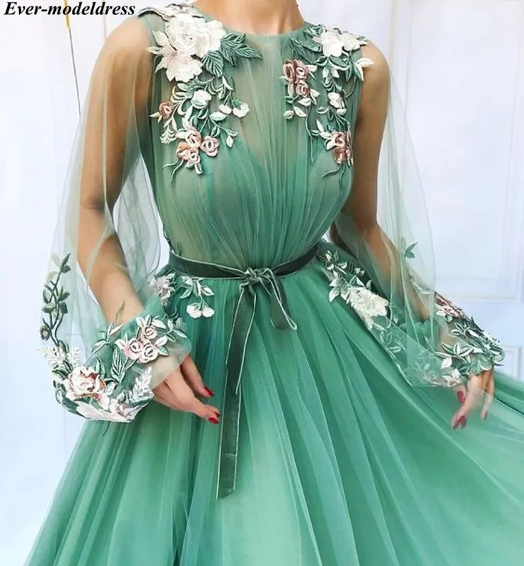

Long Sleeve Prom Dresses 2019 Mint Green A-Line Applique Flowers vestidos de festa longo Formal Evening Dresses Plus Size Cheap