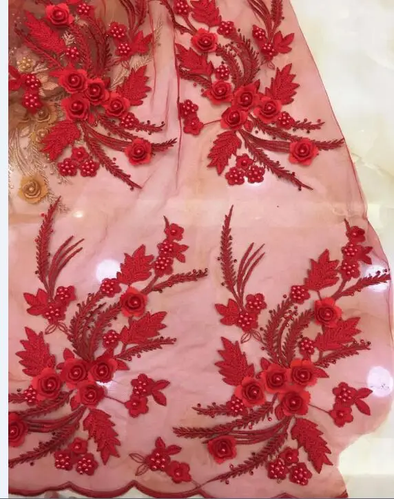 15 цветов Роскошные африканские вышивки 3D цветочные ручной работы бисером жемчуг тюль кружевной ткани с Стразы - Цвет: Красный