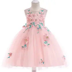 Розничная Вышивка Цветы Красота принцессы для девочек летнее вечернее платье Элегантное платье принцессы платье для девочек с цветочным