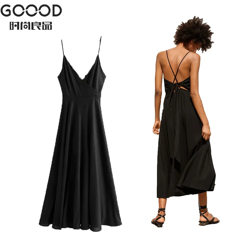 

Women Summer eneving party black Dresses Sexy solid Leaky back Midi Dress Spaghetti Strap Beach Dress vestidos femininos 2019