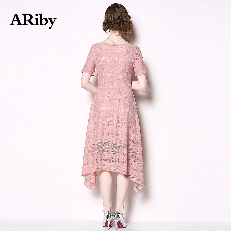 Women Dress Pink Lace Dress 2019 Summer Fashion Temperament Sweet Solid Short Sleeve Slim Lace Irregular Hollow Out A-Line Dress