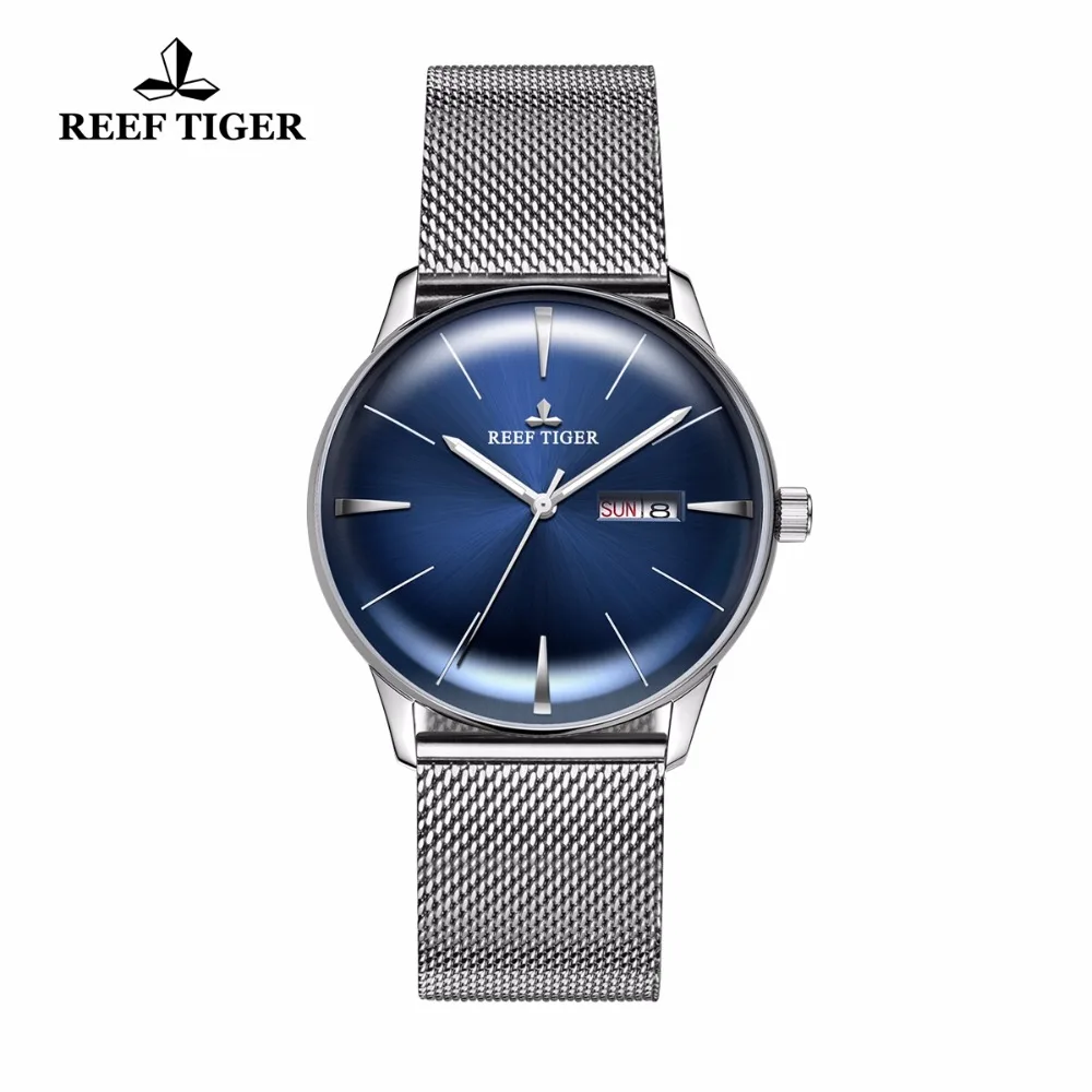 Reef Tiger Роскошные ультра тонкие часы мужские вечный календарь циферблат Автоматические деловые часы синий циферблат наручные часы RGA8238
