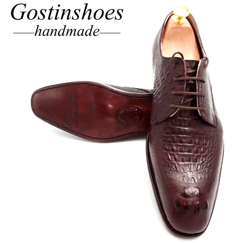 Goodyear Welted Handmade Men Derby Shoes Brown Crocodile Printed Cow Leather Formal Dress Shoes Office Business Lace-up Gstn20