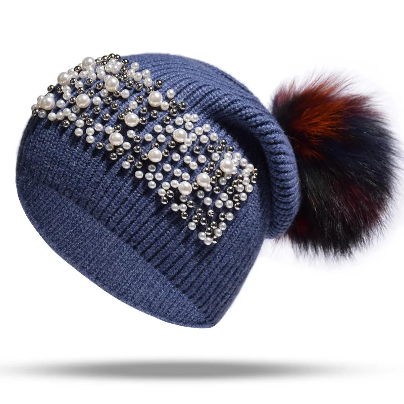 Women Winter Hat Wool Knit Raccoon Pom Pom Cap Warm Ski Outdoor Accessory  (8)