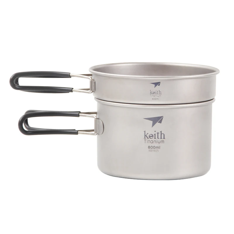 Keith 2PCS Titanium Pot Set Titanium Cookware Outdoor Camping Picnic Pot Set Cookware Pot + Frying Pan 