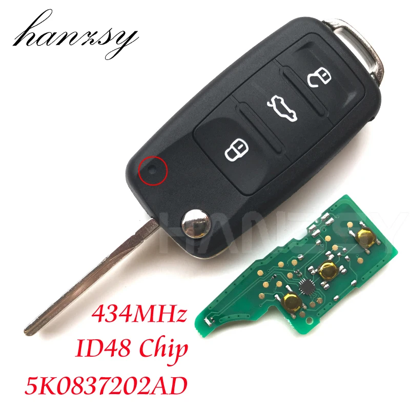 3 Knoppen 434Mhz Flip Vouwen Sleutel Voor Vw Volkswagen Golf Passat Polo Scirocco Tiguan Afstandsbediening Sleutel ID48 Chip 5KO837202AD