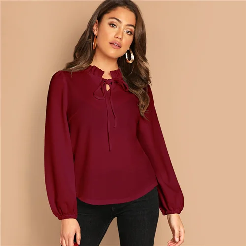 SHEIN Burgundy Frilled Neck Knot Solid Casual Top Women 2019 Spring