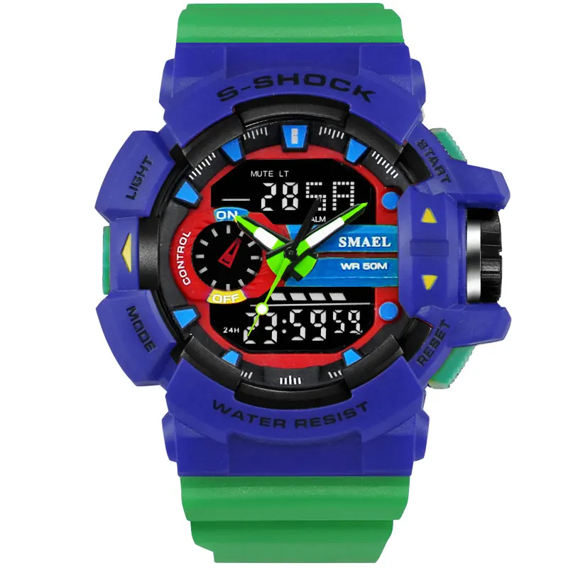 SMAEL лучший бренд Роскошные мужские спортивные цифровые часы с двойным дисплеем мужские спортивные ударопрочные кварцевые часы военные наручные часы - Цвет: blue green
