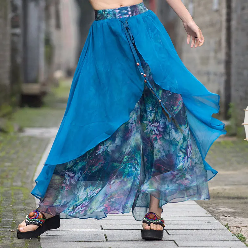Beach Style Women Retro Elastic Waist Chiffon Print