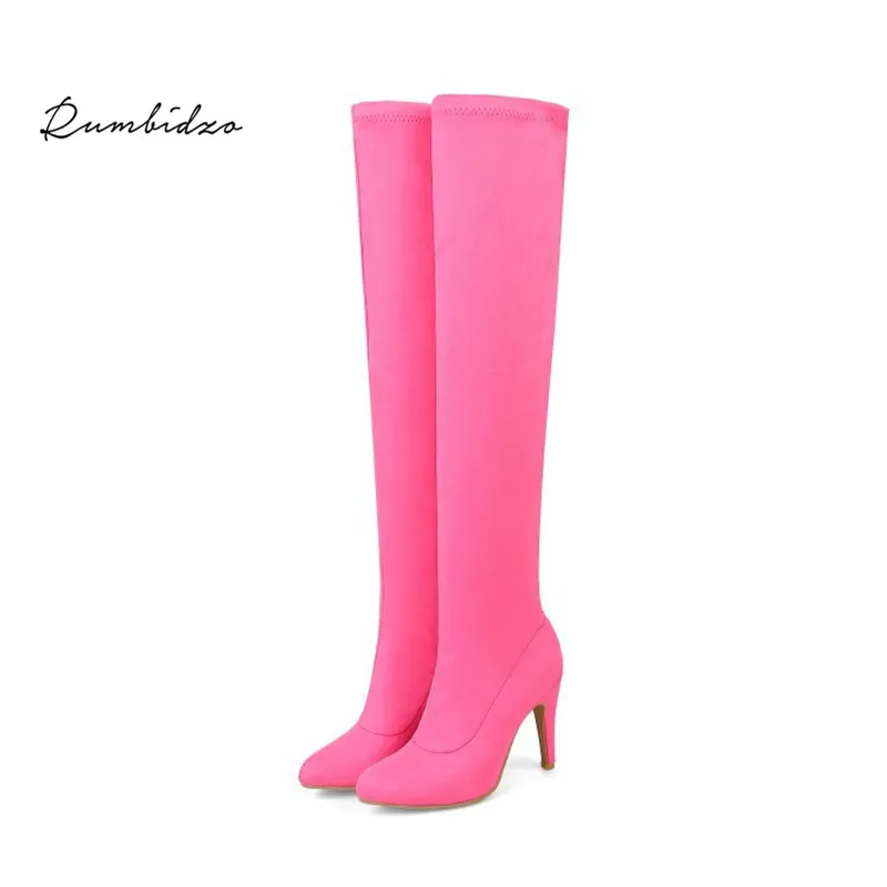 

Rumbidzo 2018 Fashion Women Boots Socks Over Knee High Thin Heels Candy Color Pointed Toe Winter Autumn Boots Women