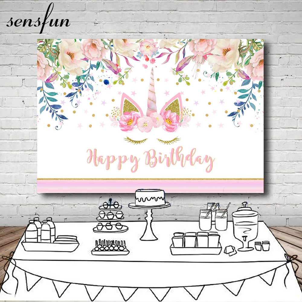 

Sensfun Beautiful Flowers Pink Unicorn Party Backdrop For Photo Studio Girls Happy Birthday Photography Backgrounds 7x5FT