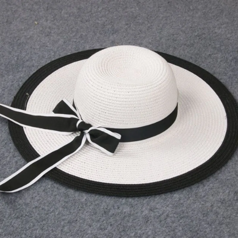 Nové letní dítě Dívka a dámy Striped Bow Cap Velký podél klobouku Sluneční plážový klobouk Bílá a černá lm1-2