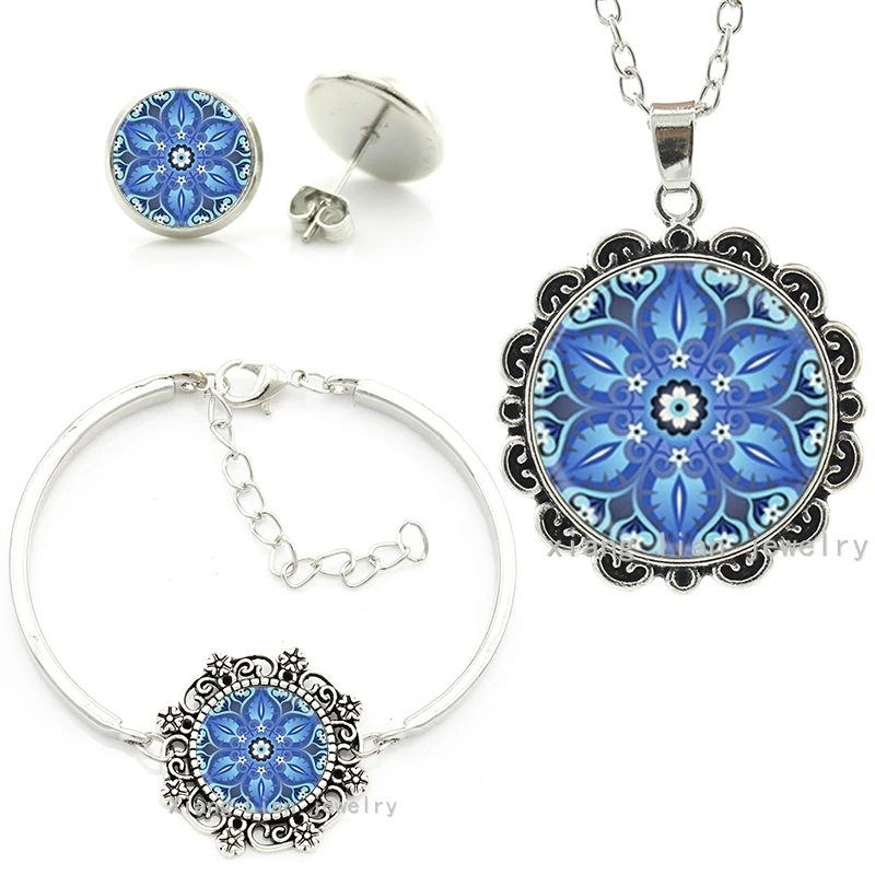 

Classic Blue Mandala sacred geometry art bridal jewelry sets elegant buddhism yoga symbol bracelet earrings necklace set HT011