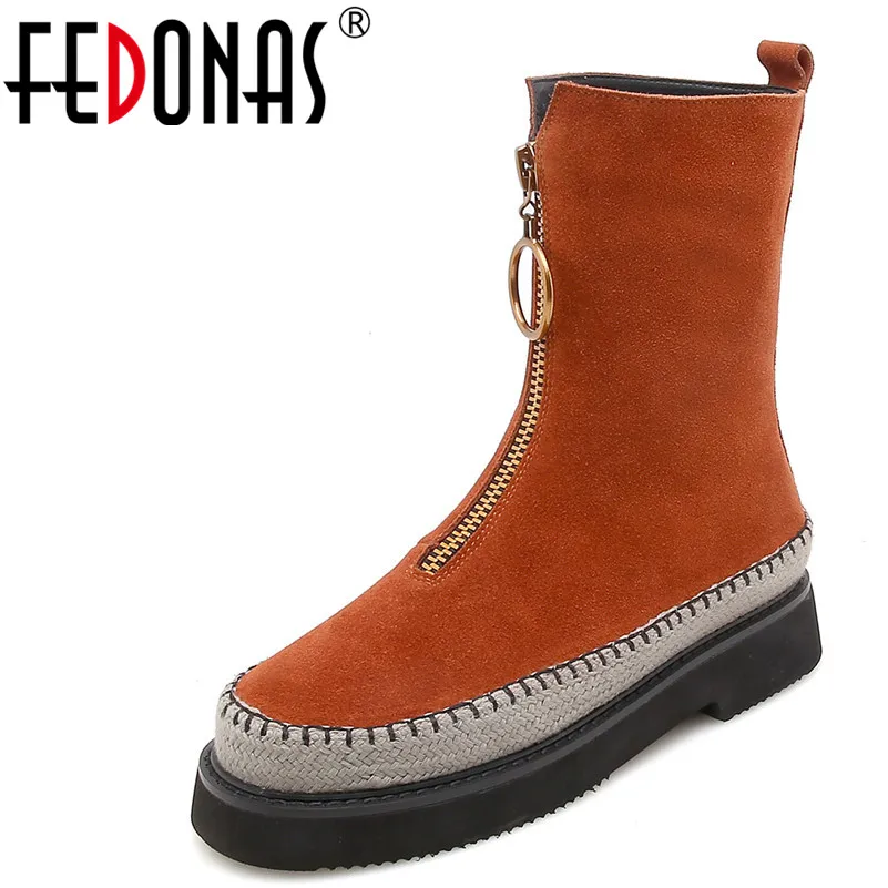 

FEDONAS 1New Arrival Women Mid-Calf Boots Cow Suede Autumn Winter Warm Platforms Flats Shoes Woman Round Toe Buckle Martin Boots