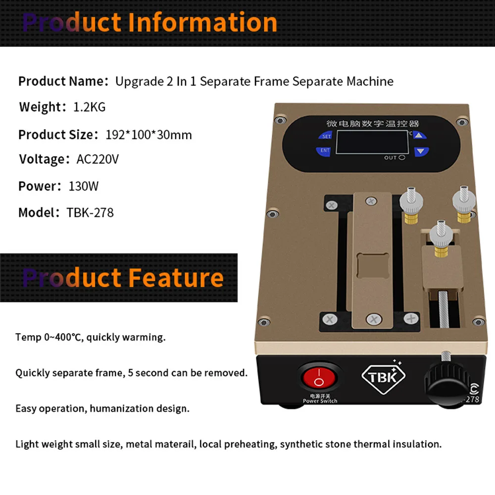 TBK-278 2IN1 Mobile Phone Screen LCD Frame Removal CPU Chip Removal + Glue Clean Multi-function Intelligent Soldering Station TBK-278 2IN1 Mobile Phone Screen LCD Frame Removal CPU Chip Removal + Glue Clean Multi-function Intelligent Soldering Station