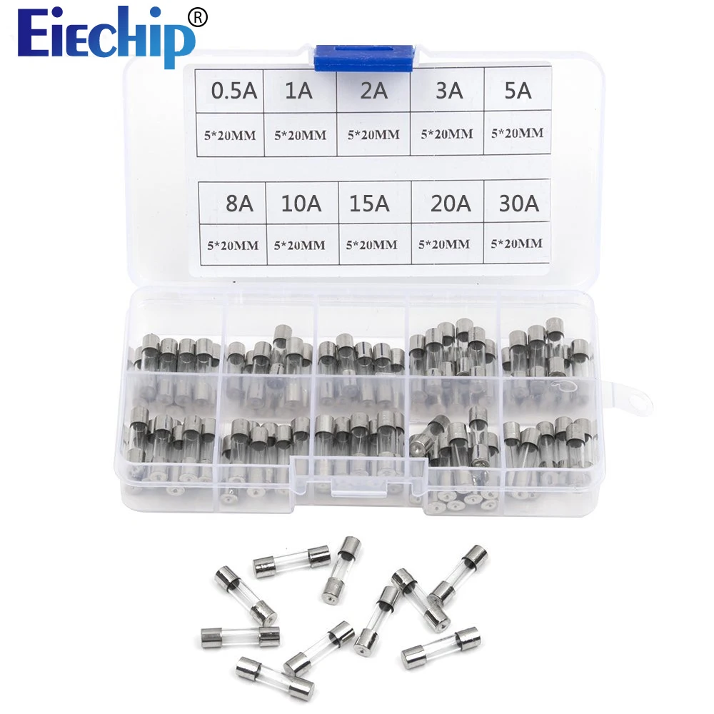 100 шт./лот комплект 5x20 мм предохранители в ассортименте Наборы DIY быстродействующие Стекло трубка быстродействующие Стекло предохранители 0.5A 1A 2A 3A 5A 8A 10A 15A 20A 30A