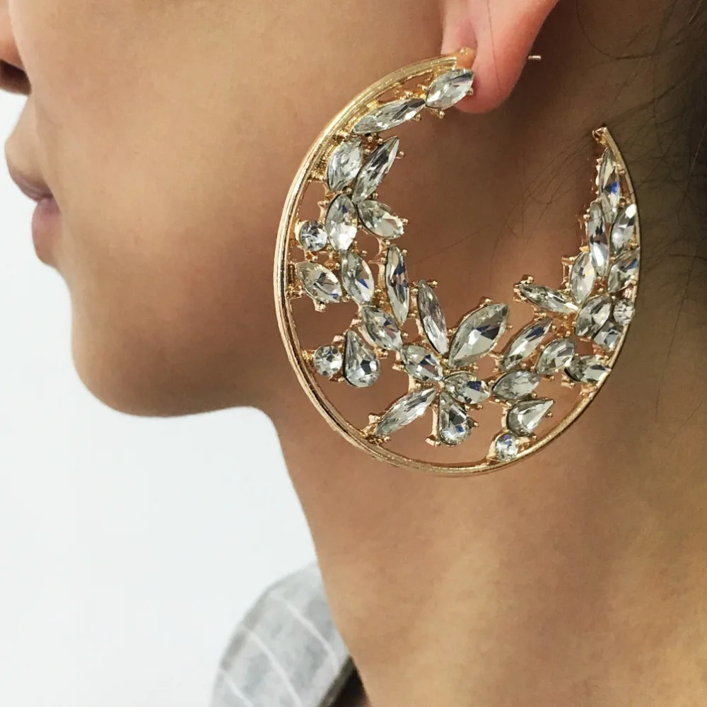 Luxury Big Rhinestones Hoop Earrings For Women 2018 Wedding Jewelry