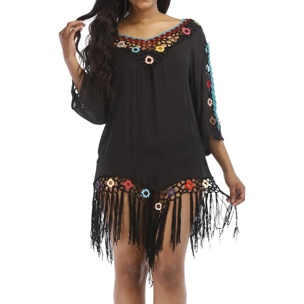 

New Sexy Cotton Swimsuit Summer Beach Dress Openwork Flower Decoration Tassel Trimming Bikini Swimsuit Blouse Beach Dress
