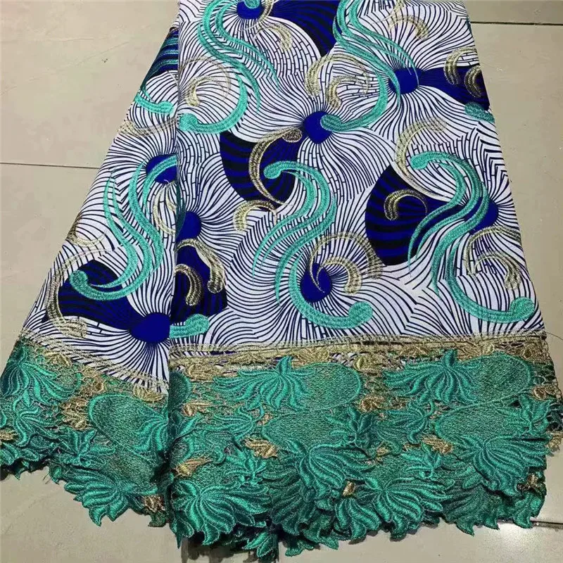 

Floral Hollandais wax embroidered African french lace net tulle fabric with guipure lace borders High quality 6 yards ZQ030220