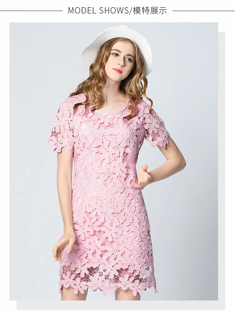 Pink Color Big Size Elegant Lace Dresses Summer Dress Sexy Hollow Out Short Sleeve Sweet Women Dress 5XL Plus Size Vestidos